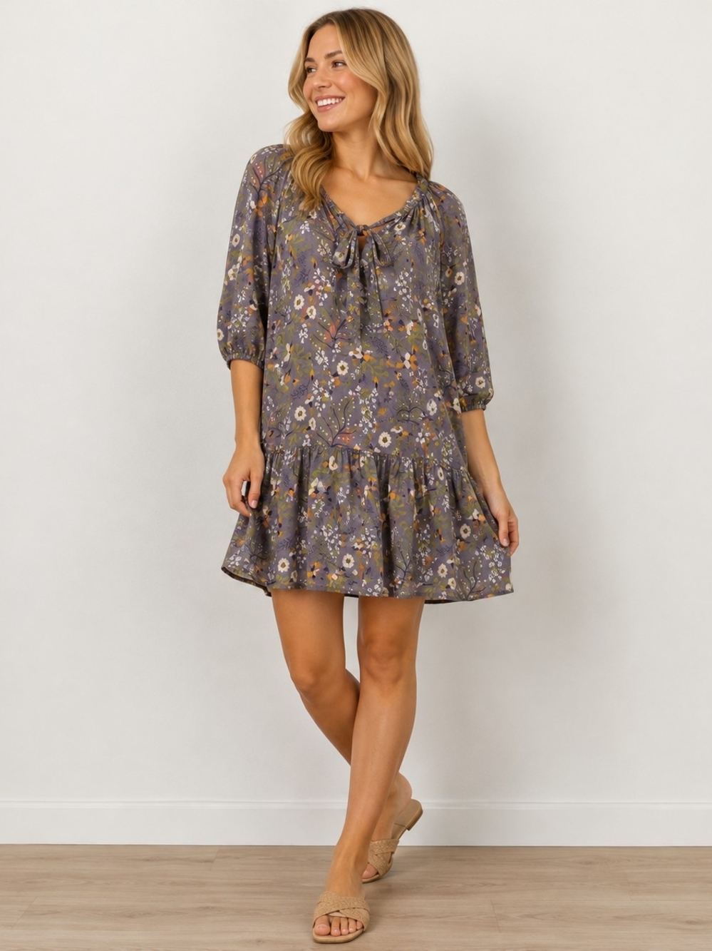 GAP Floral Tie-Neck Babydoll Mini Dress XS Gray Purple Green Boho Cottagecore